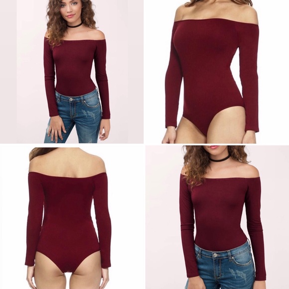 Hollister Long Sleeve Off Shoulder Burgundy Maroon Wht Stripe Leotard Bodysuit S - Picture 2 of 16